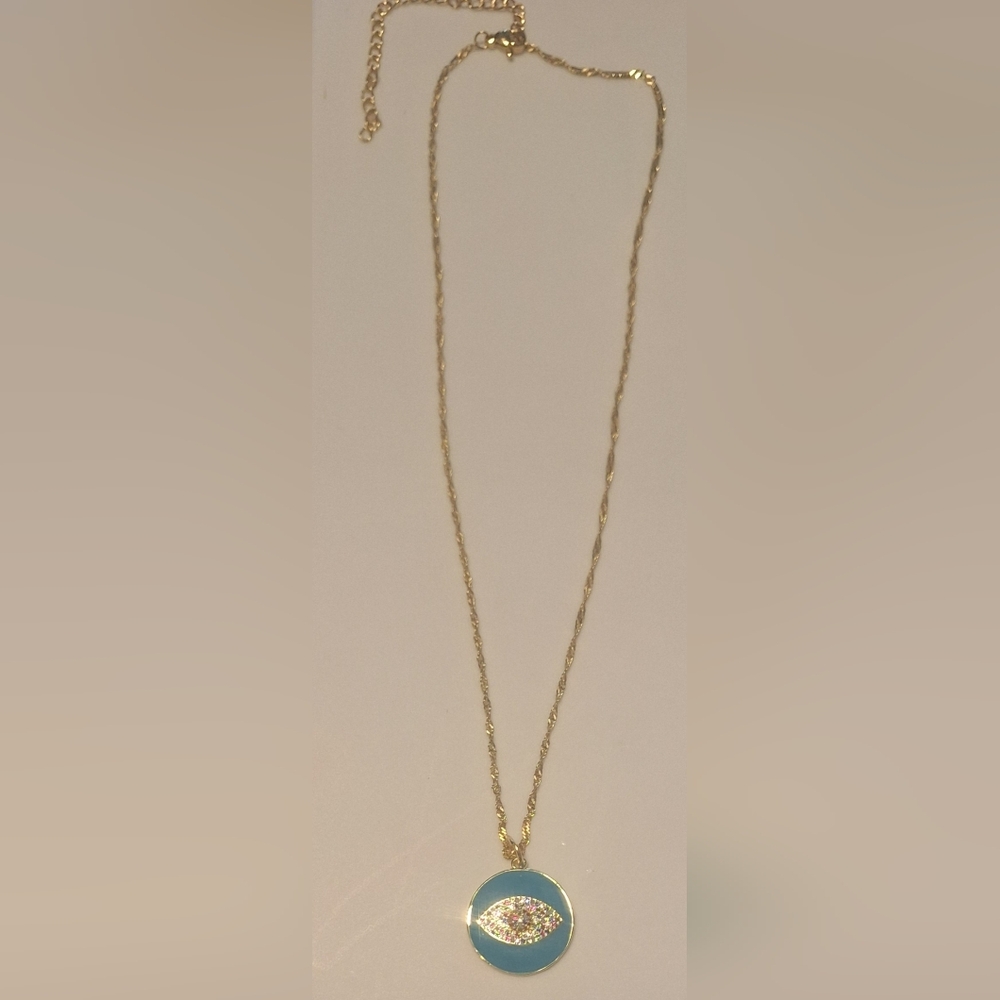 Oak & Ivy Boutique Gold Tone Necklace W/ Teal Bling Eye Pendant 17.75-21" NEW